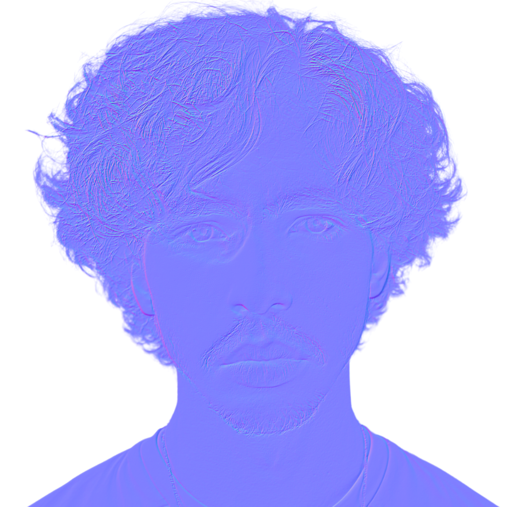 Normal map example with purple and blue surface direction colors
